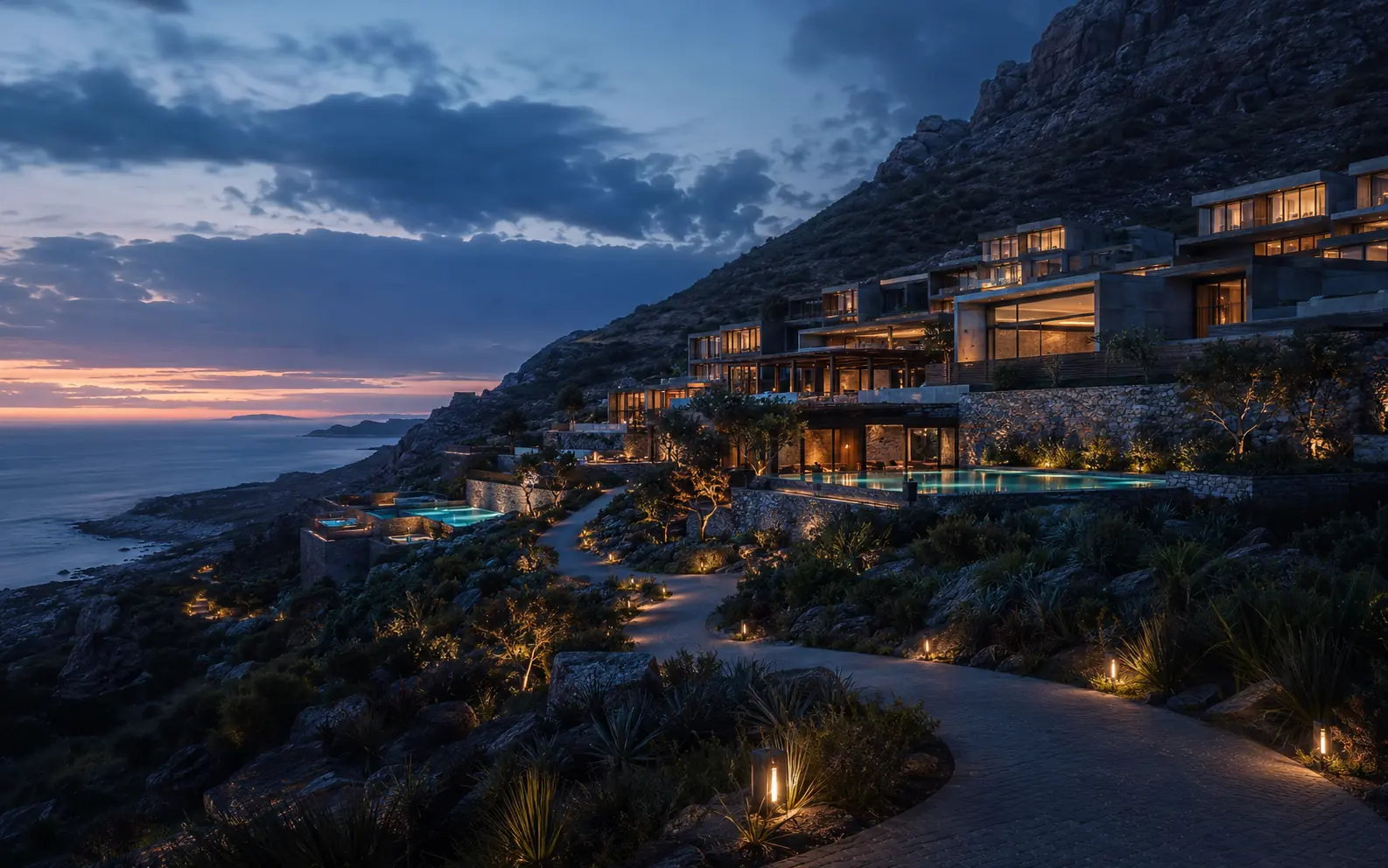 Terraced coastal resort integrated into a dramatic landscape at twilight